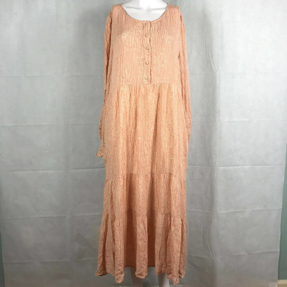 Aura Dress Womens Sz M Orange Dotted Long Sleeve Tiered Midi Tiered Boho Pockets